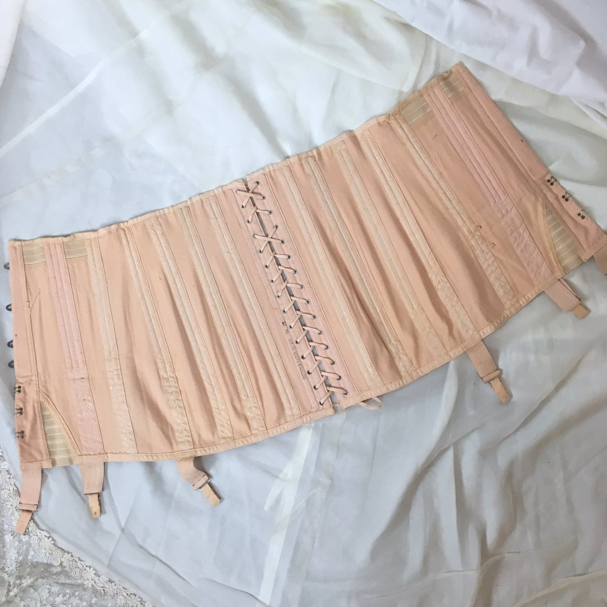 Vintage 1950's Corset Girdle | Rich Peach Rayon & Cotton Chevron with Boning | Size LG, XLG - Daggers & Dames