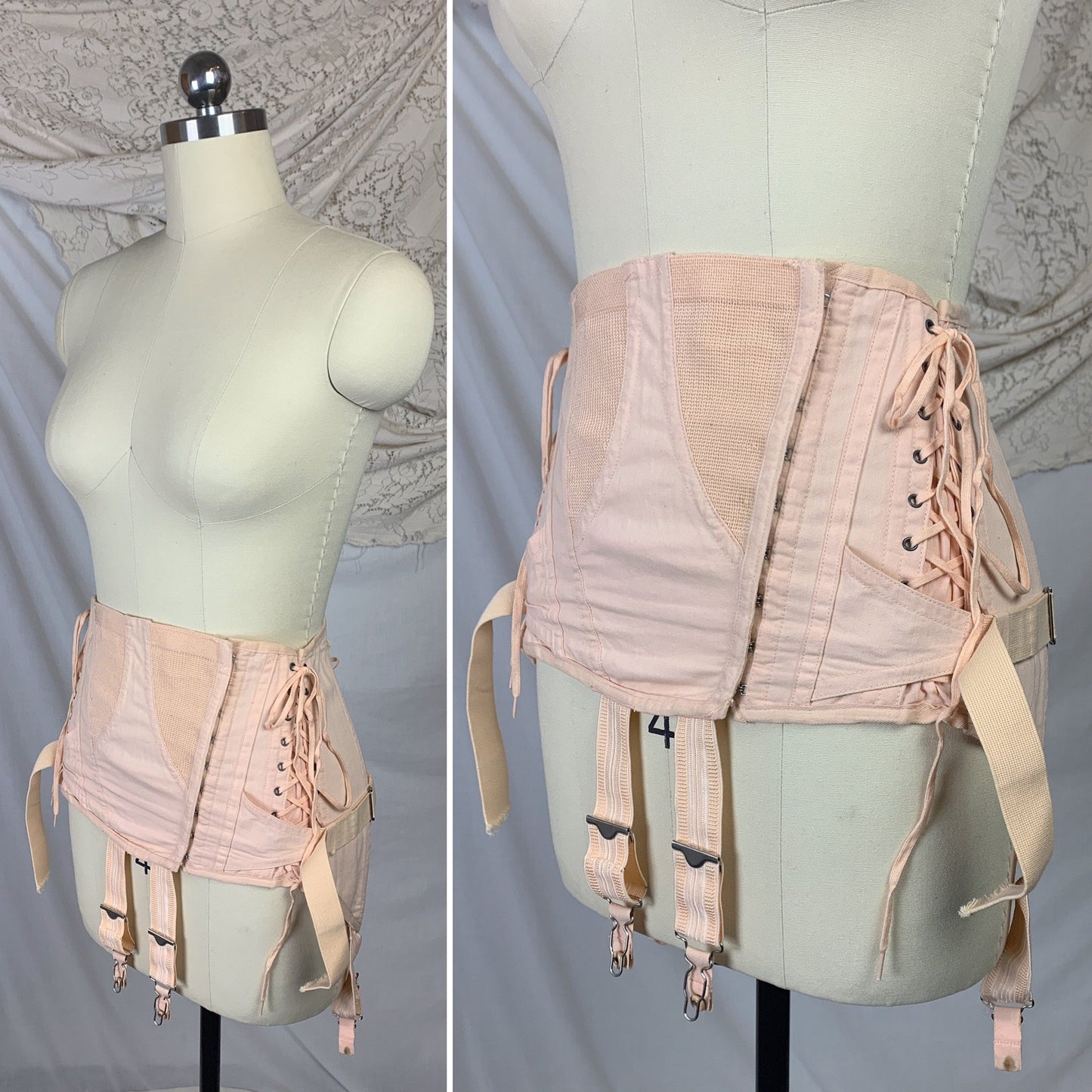 Vintage 1950's Corset Girdle | Rose Peach Cotton with Fan Corset Lacing | Famous Gale by Sears, Roebuck and Co. | Size MED, LG, XL - Daggers & Dames