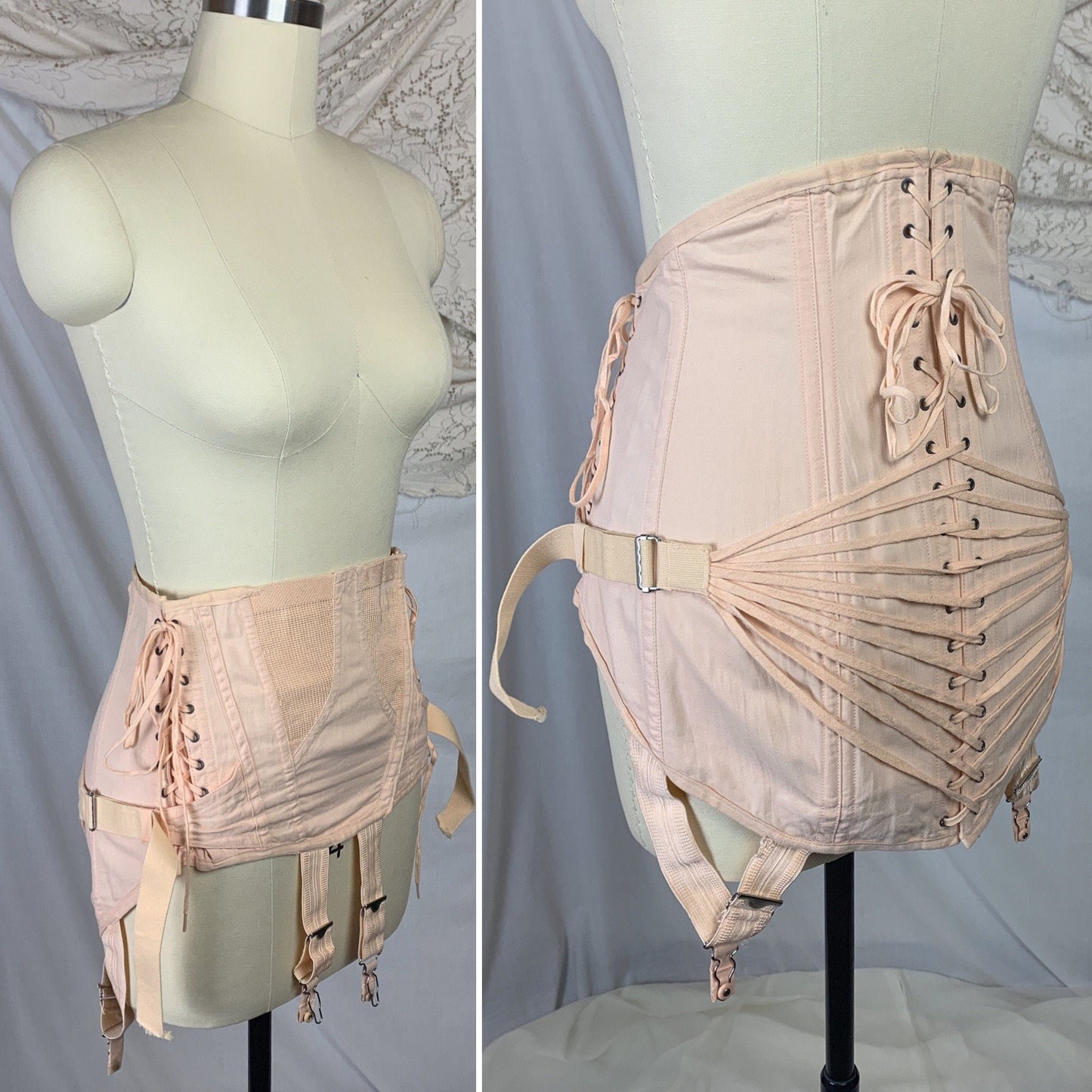 Vintage 1950's Corset Girdle | Rose Peach Cotton with Fan Corset Lacing | Famous Gale by Sears, Roebuck and Co. | Size MED, LG, XL - Daggers & Dames