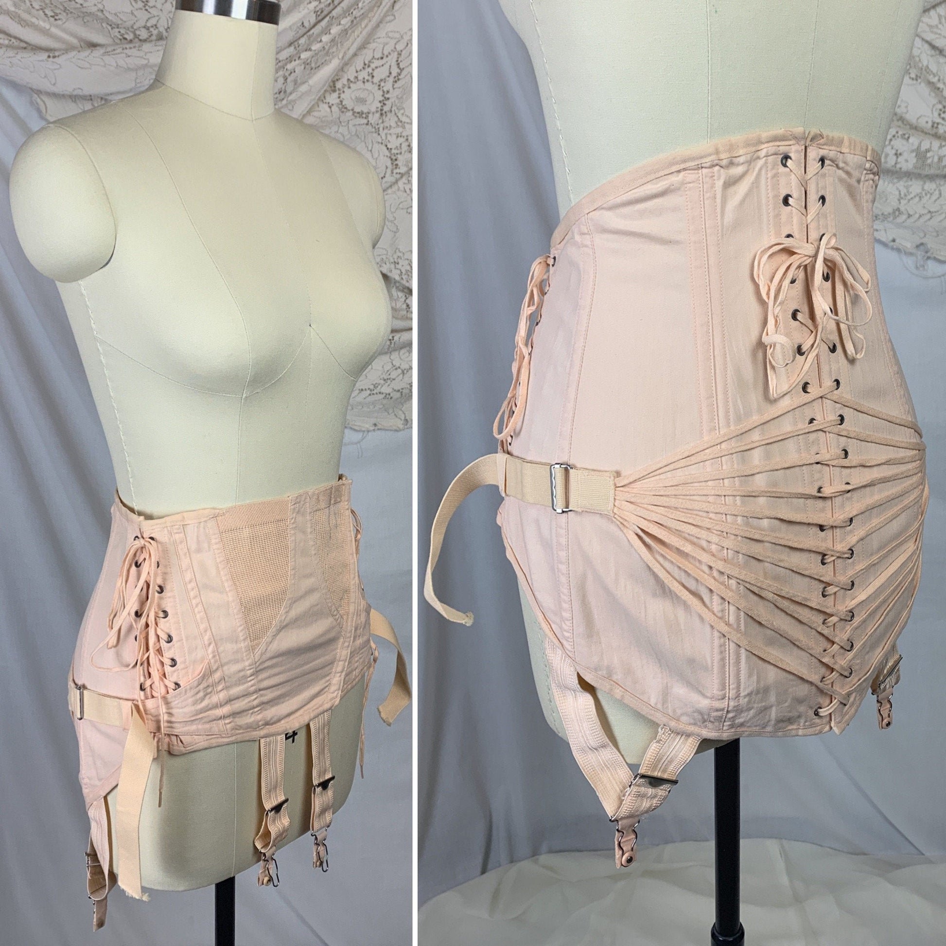 Vintage 1950's Corset Girdle | Rose Peach Cotton with Fan Corset Lacing | Famous Gale by Sears, Roebuck and Co. | Size MED, LG, XL - Daggers & Dames