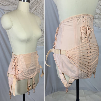 Vintage 1950's Corset Girdle | Rose Peach Cotton with Fan Corset Lacing | Famous Gale by Sears, Roebuck and Co. | Size MED, LG, XL - Daggers & Dames