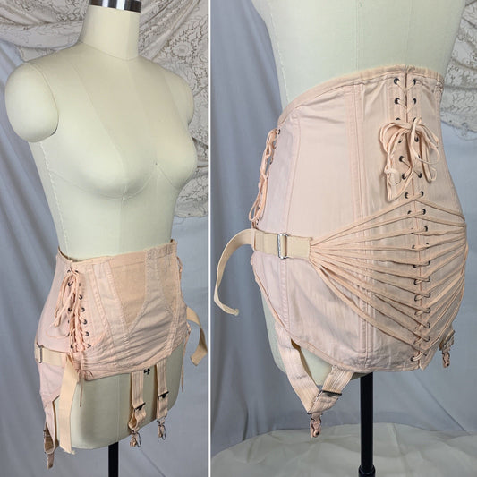 Vintage 1950's Corset Girdle | Rose Peach Cotton with Fan Corset Lacing | Famous Gale by Sears, Roebuck and Co. | Size MED, LG, XL - Daggers & Dames