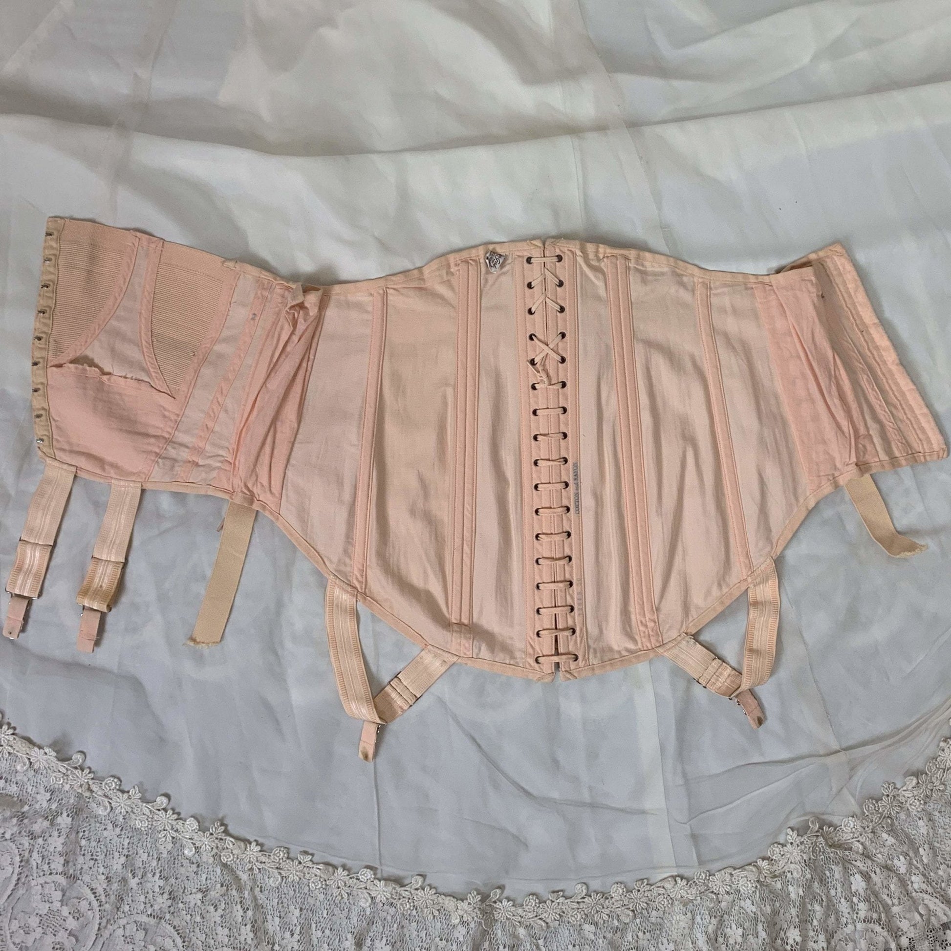 Vintage 1950's Corset Girdle | Rose Peach Cotton with Fan Corset Lacing | Famous Gale by Sears, Roebuck and Co. | Size MED, LG, XL - Daggers & Dames