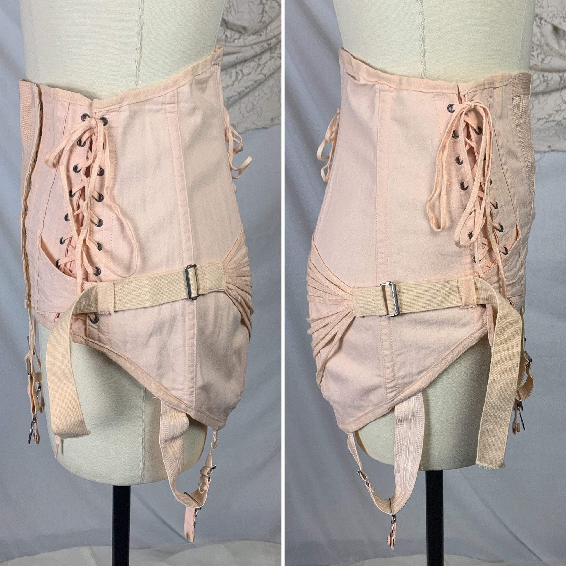 Vintage 1950's Corset Girdle | Rose Peach Cotton with Fan Corset Lacing | Famous Gale by Sears, Roebuck and Co. | Size MED, LG, XL - Daggers & Dames