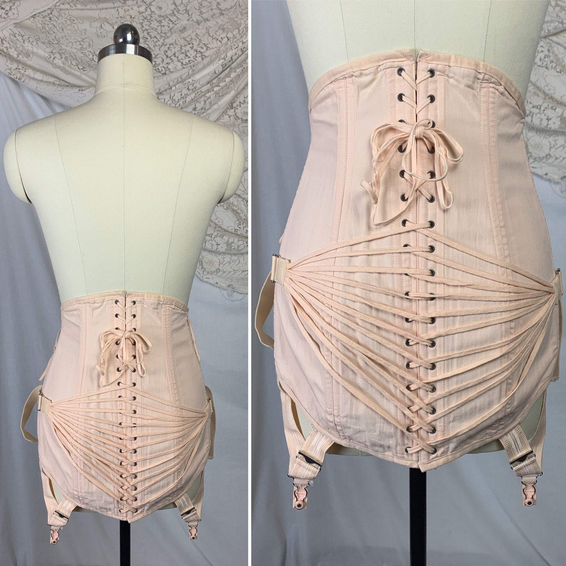 Vintage 1950's Corset Girdle | Rose Peach Cotton with Fan Corset Lacing | Famous Gale by Sears, Roebuck and Co. | Size MED, LG, XL - Daggers & Dames