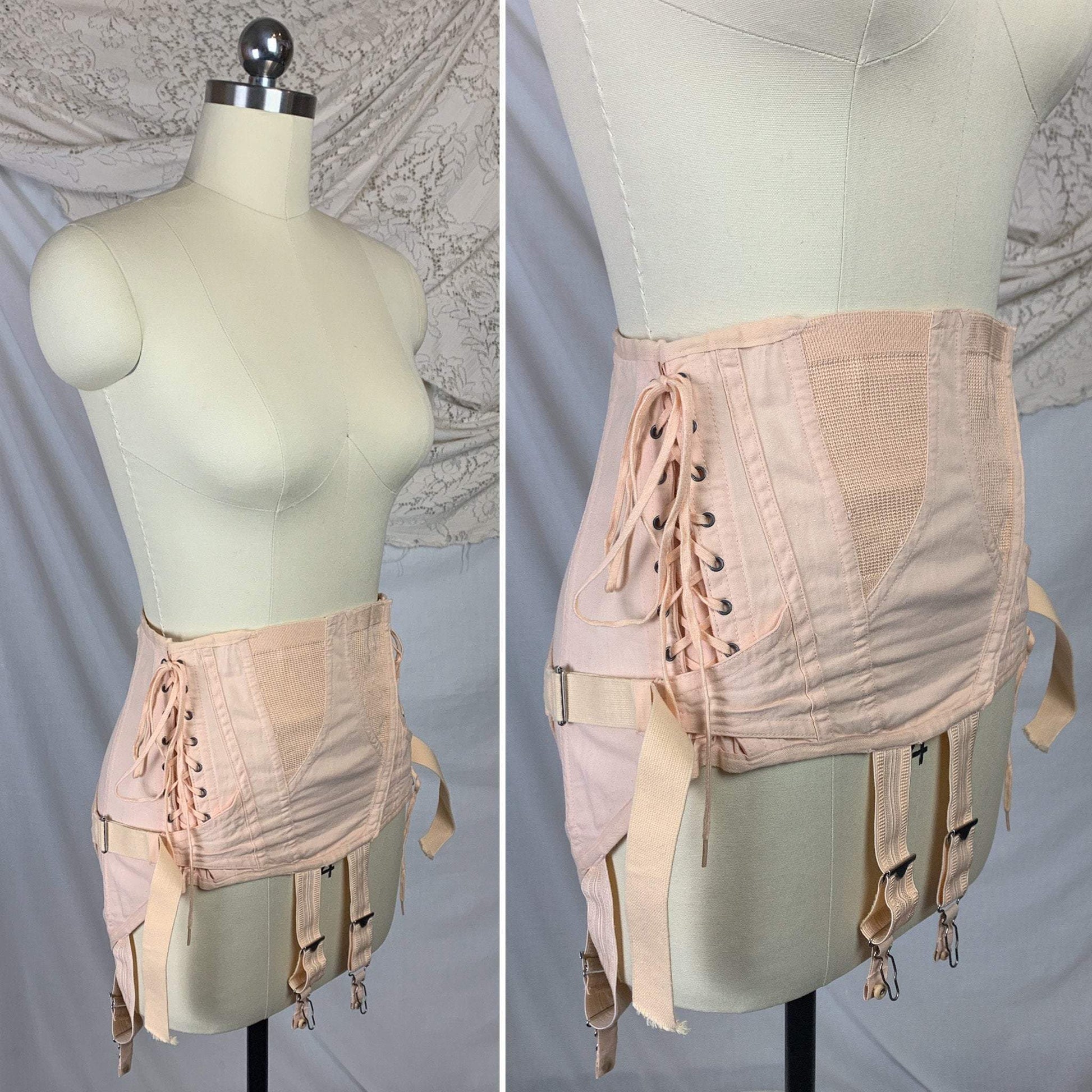 Vintage 1950's Corset Girdle | Rose Peach Cotton with Fan Corset Lacing | Famous Gale by Sears, Roebuck and Co. | Size MED, LG, XL - Daggers & Dames