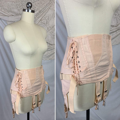 Vintage 1950's Corset Girdle | Rose Peach Cotton with Fan Corset Lacing | Famous Gale by Sears, Roebuck and Co. | Size MED, LG, XL - Daggers & Dames