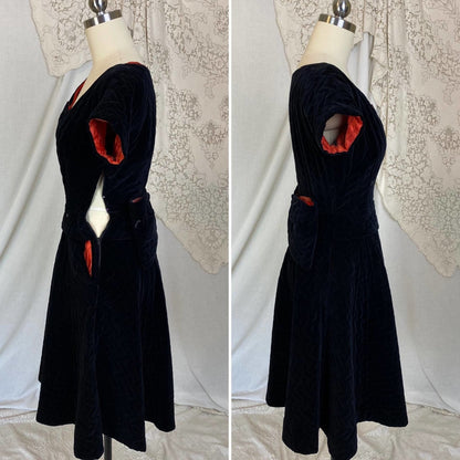 Vintage 1950's Dress | Black Quilted Velvet with Orange Taffeta Lining | Size XXS, XS | Natlynne - Daggers & Dames