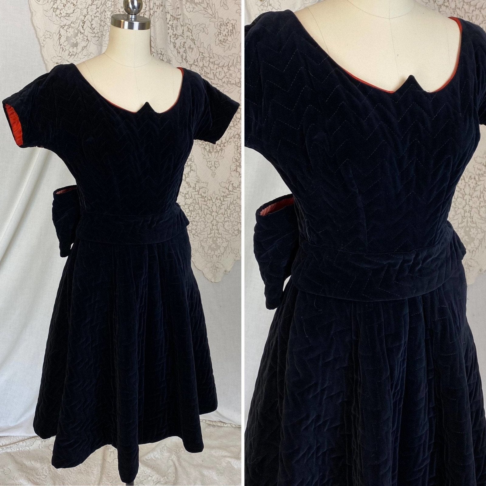Vintage 1950's Dress | Black Quilted Velvet with Orange Taffeta Lining | Size XXS, XS | Natlynne - Daggers & Dames