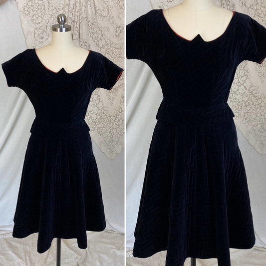 Vintage 1950's Dress | Black Quilted Velvet with Orange Taffeta Lining | Size XXS, XS | Natlynne - Daggers & Dames