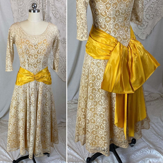 Vintage 1950's Dress | Goldenrod Yellow Taffeta with Ivory Spiderweb Cotton Lace | Size XS - Daggers & Dames