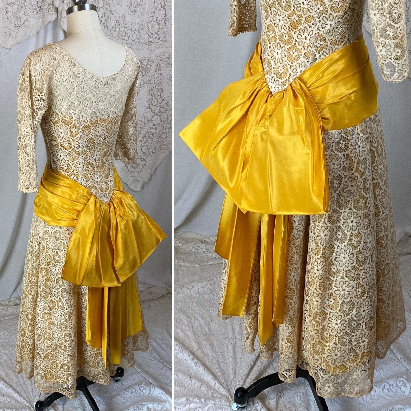 Vintage 1950's Dress | Goldenrod Yellow Taffeta with Ivory Spiderweb Cotton Lace | Size XS - Daggers & Dames