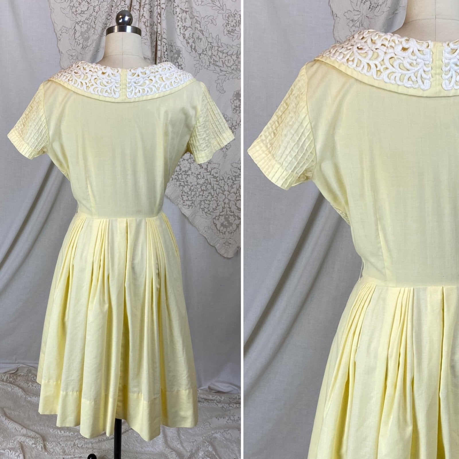 Vintage 1950's Dress | Pastel Yellow Cotton with White Embroidered Lace & Pintuck Stitching | Size M, LG | Jeanne Model - Daggers & Dames