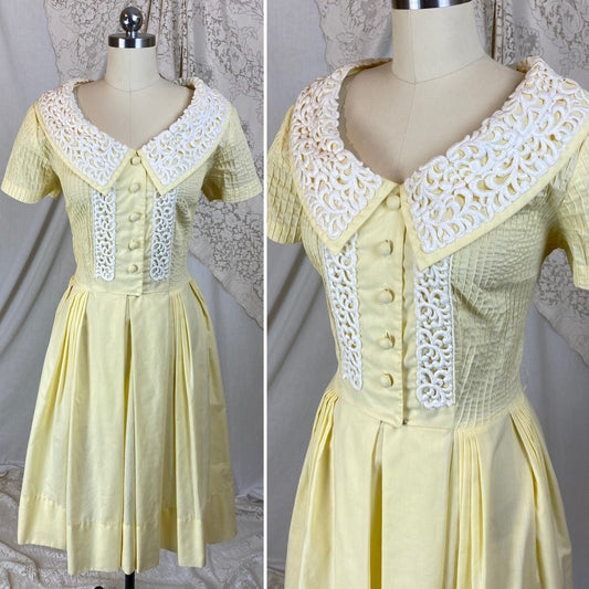 Vintage 1950's Dress | Pastel Yellow Cotton with White Embroidered Lace & Pintuck Stitching | Size M, LG | Jeanne Model - Daggers & Dames