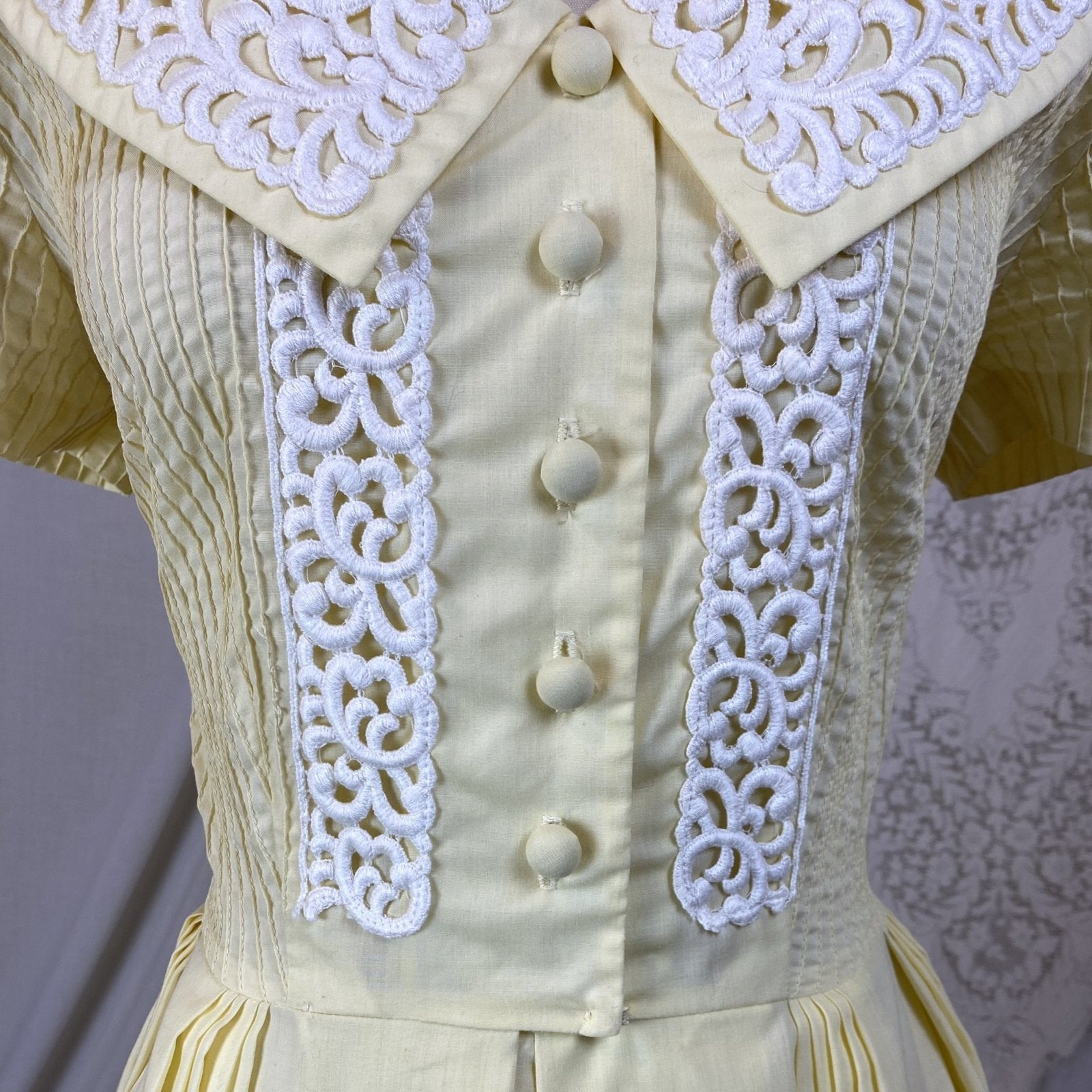 Vintage 1950's Dress | Pastel Yellow Cotton with White Embroidered Lace & Pintuck Stitching | Size M, LG | Jeanne Model - Daggers & Dames