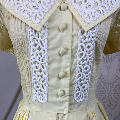 Vintage 1950's Dress | Pastel Yellow Cotton with White Embroidered Lace & Pintuck Stitching | Size M, LG | Jeanne Model - Daggers & Dames