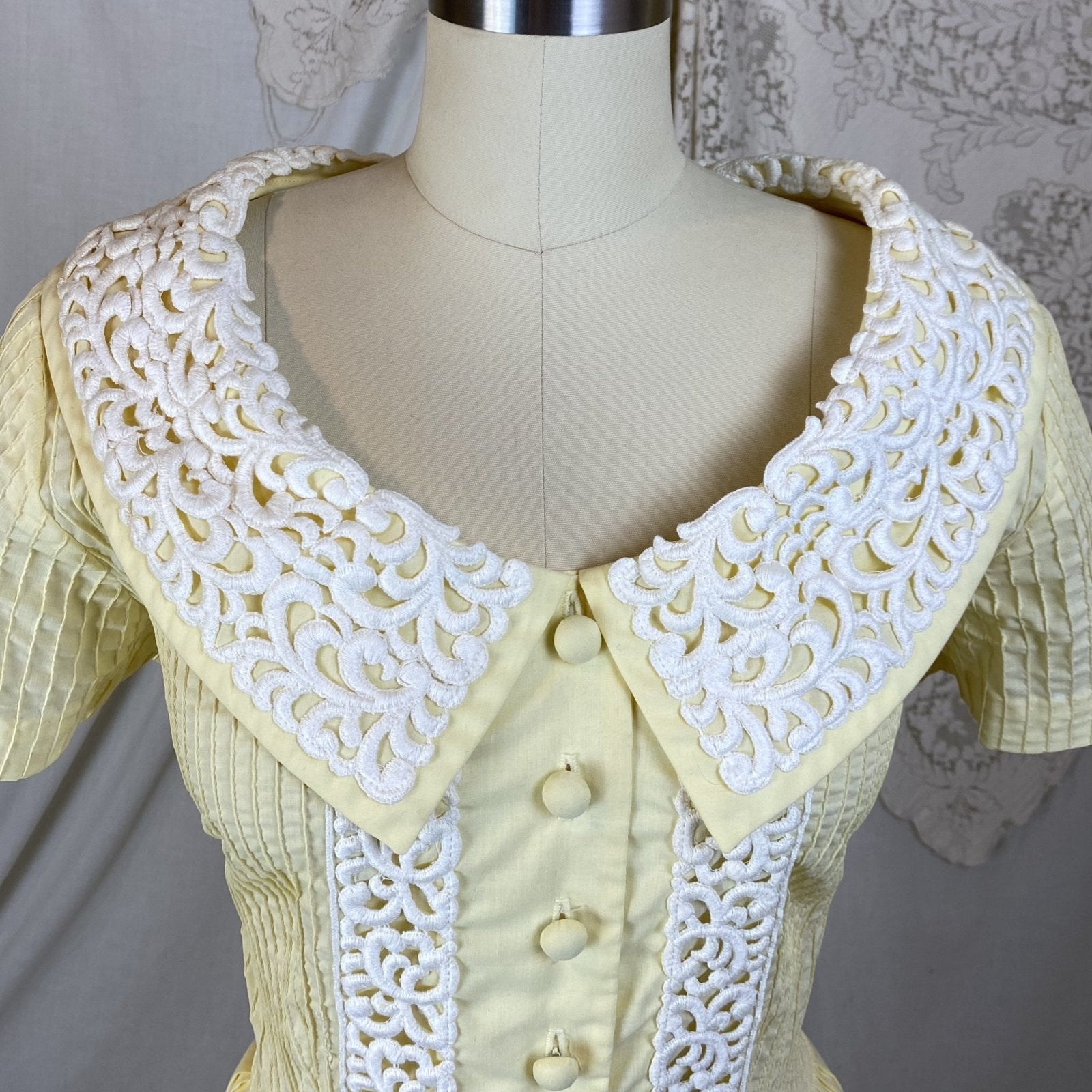 Vintage 1950's Dress | Pastel Yellow Cotton with White Embroidered Lace & Pintuck Stitching | Size M, LG | Jeanne Model - Daggers & Dames