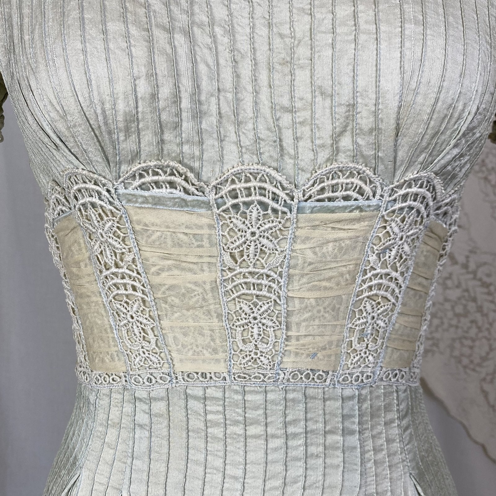 Vintage 1950's Dress | Sage Green Silk Dupioni with Pintuck Stitching, Silk Chiffon & Lace | Size XS | Carlye - Daggers & Dames
