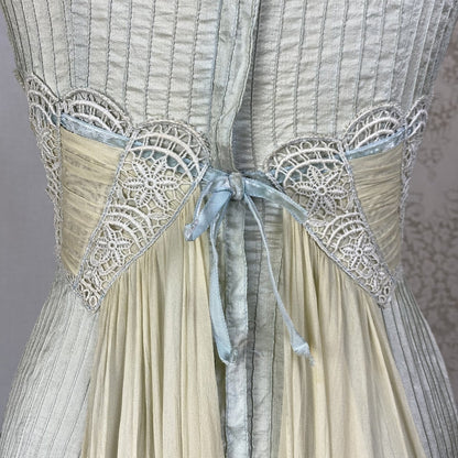 Vintage 1950's Dress | Sage Green Silk Dupioni with Pintuck Stitching, Silk Chiffon & Lace | Size XS | Carlye - Daggers & Dames