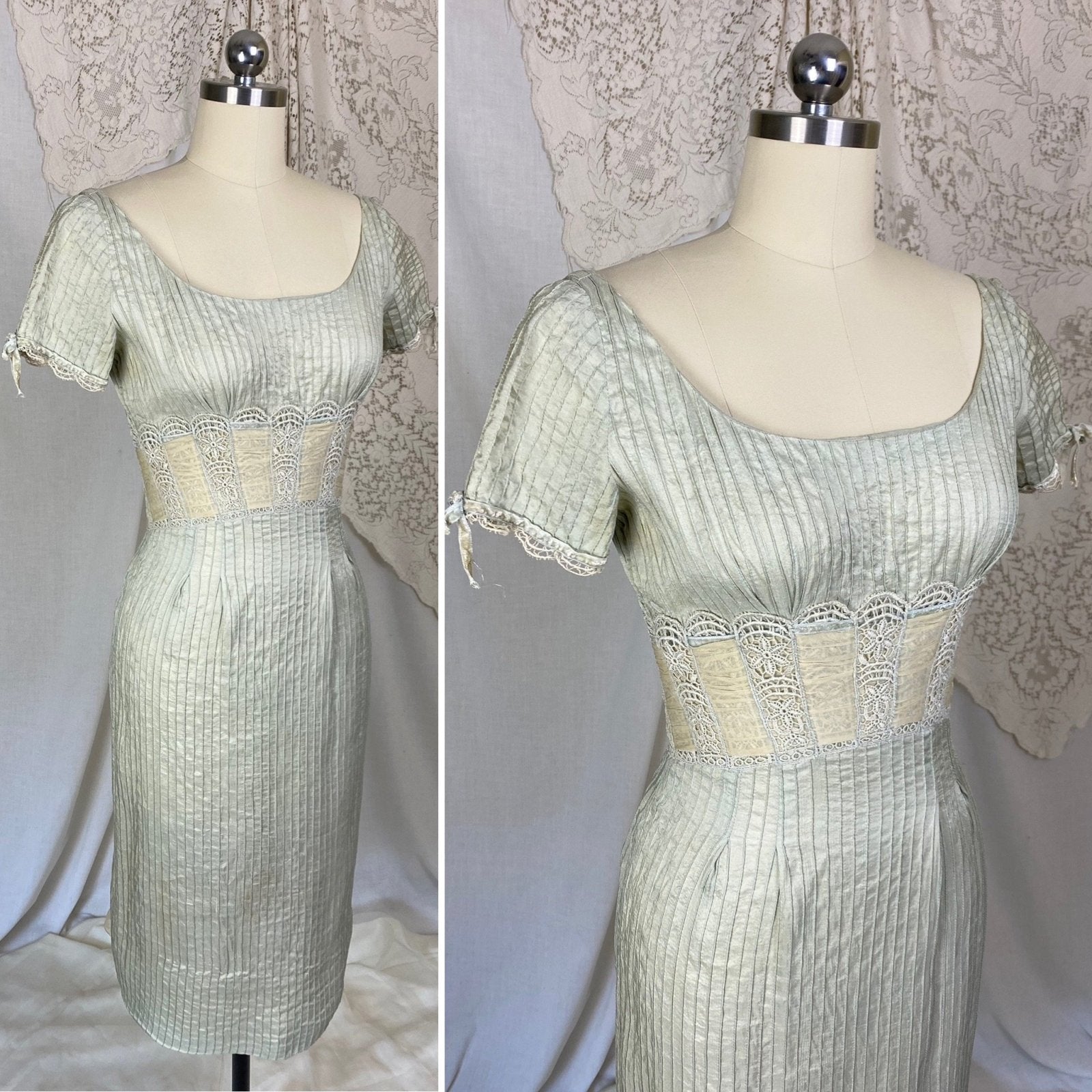 Vintage 1950's Dress | Sage Green Silk Dupioni with Pintuck Stitching, Silk Chiffon & Lace | Size XS | Carlye - Daggers & Dames