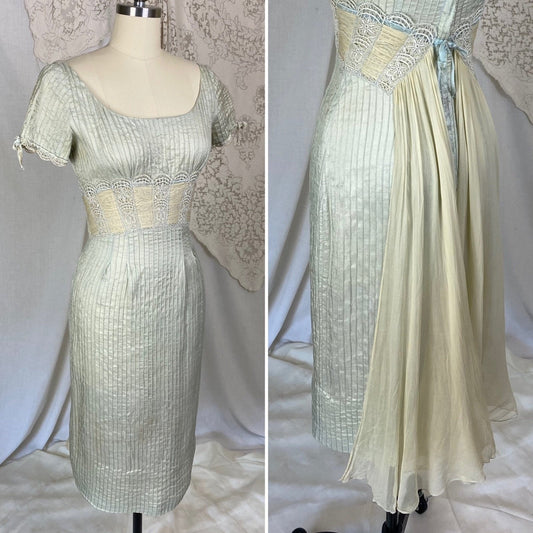 Vintage 1950's Dress | Sage Green Silk Dupioni with Pintuck Stitching, Silk Chiffon & Lace | Size XS | Carlye - Daggers & Dames