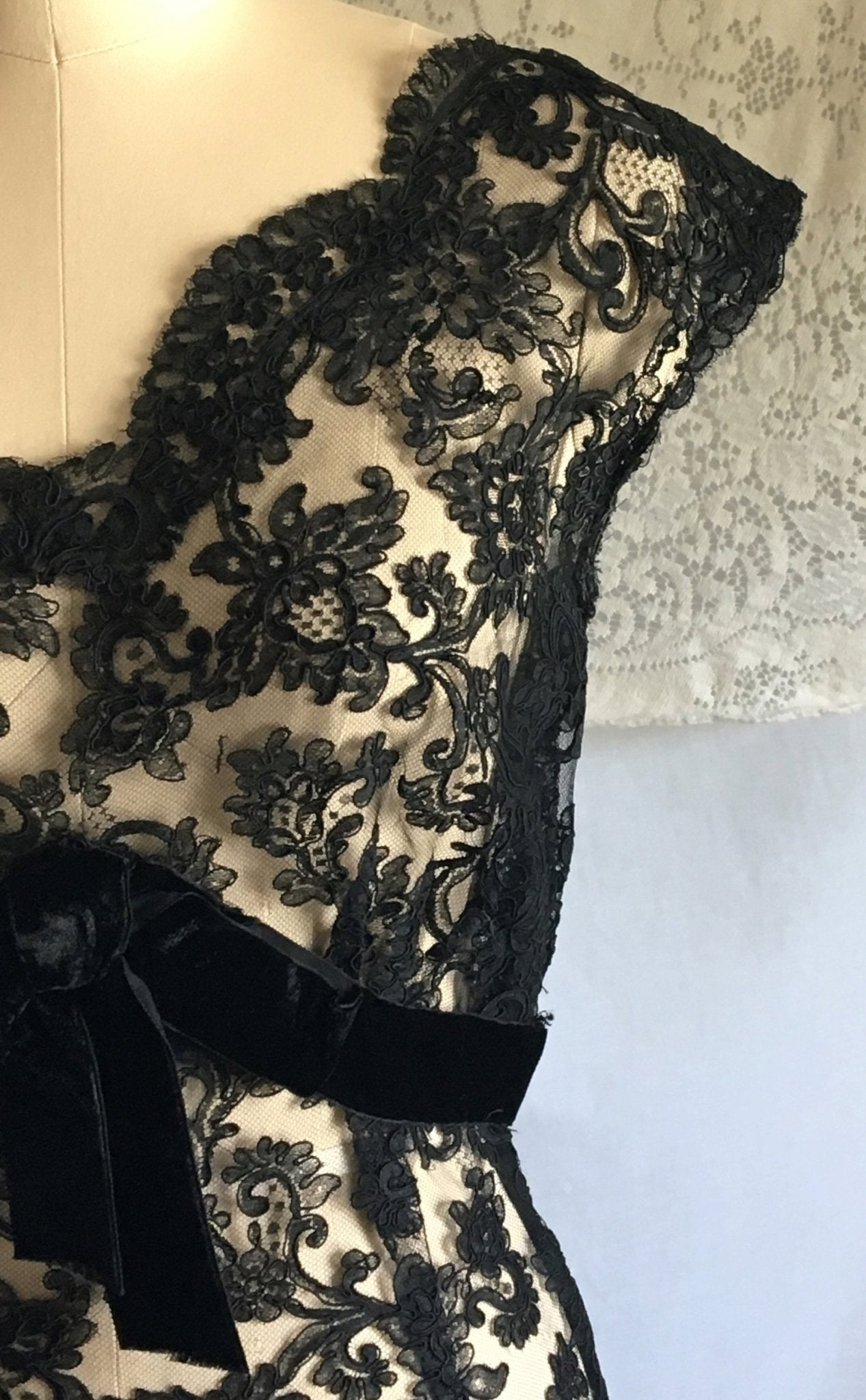 Vintage 1950's Dress | Sheer Black Alençon Lace with Velvet & Bias Cut | Size S - Daggers & Dames