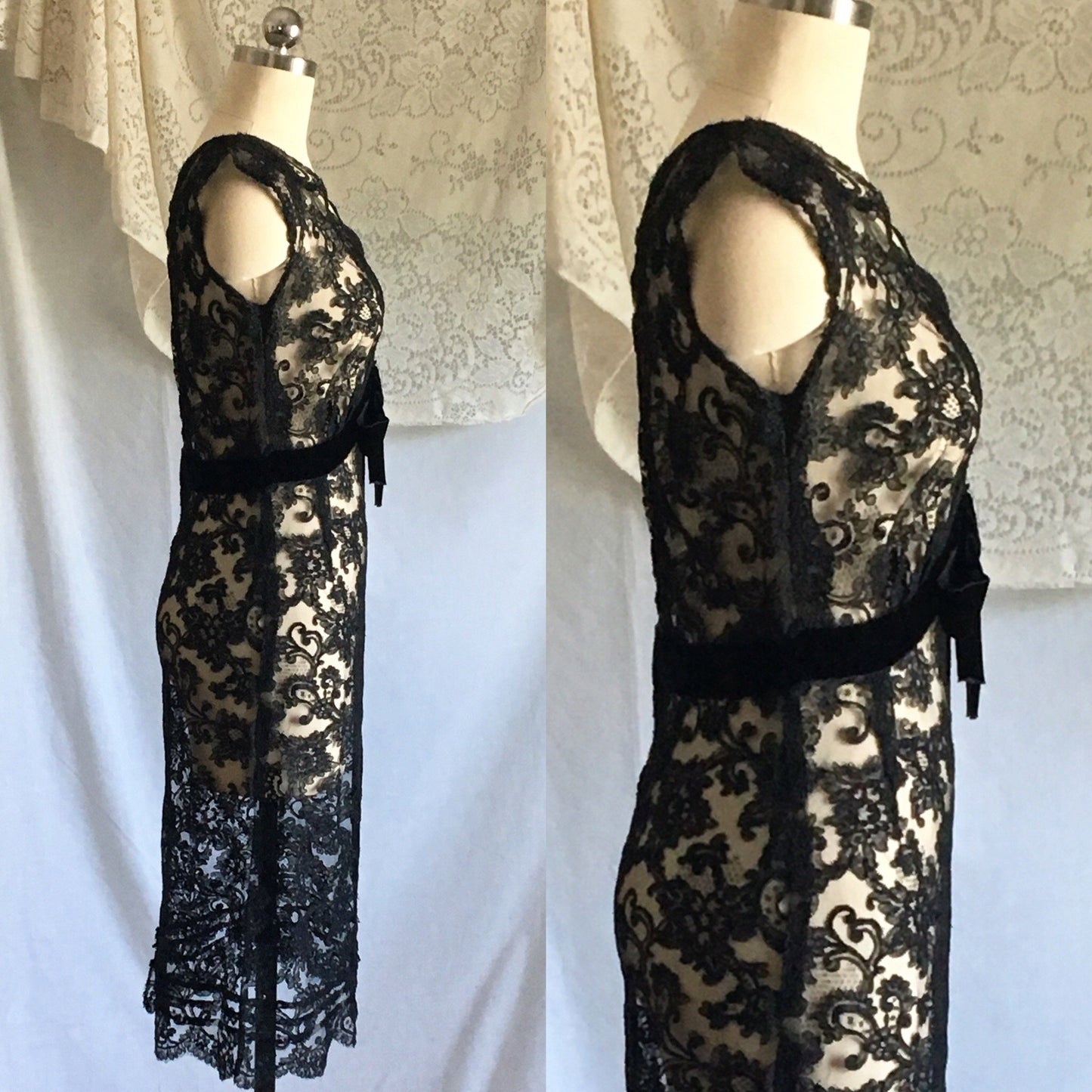 Vintage 1950's Dress | Sheer Black Alençon Lace with Velvet & Bias Cut | Size S - Daggers & Dames