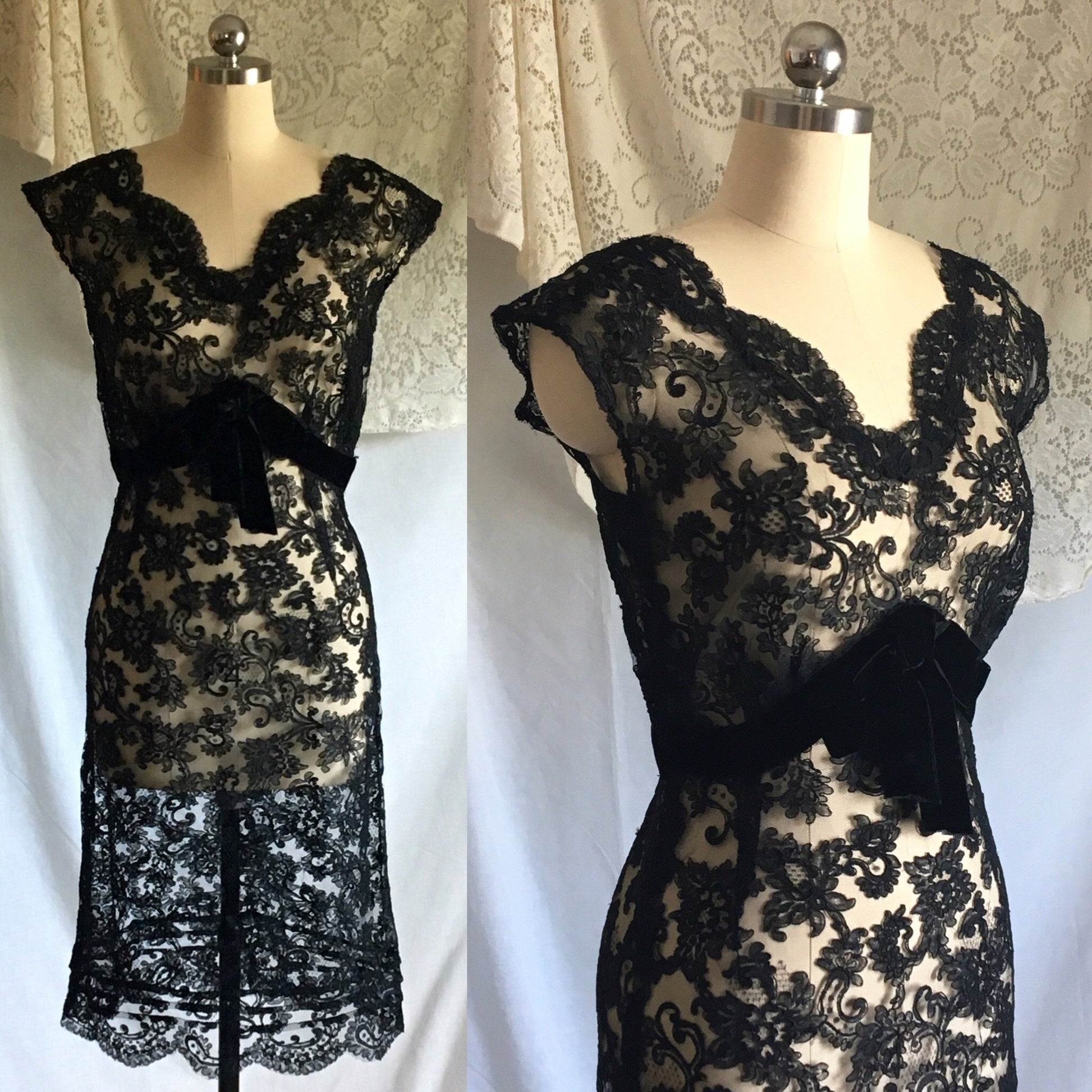 Vintage 1950's Dress | Sheer Black Alençon Lace with Velvet & Bias Cut | Size S - Daggers & Dames
