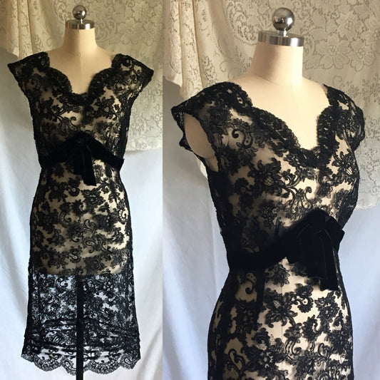 Vintage 1950's Dress | Sheer Black Alençon Lace with Velvet & Bias Cut | Size S - Daggers & Dames