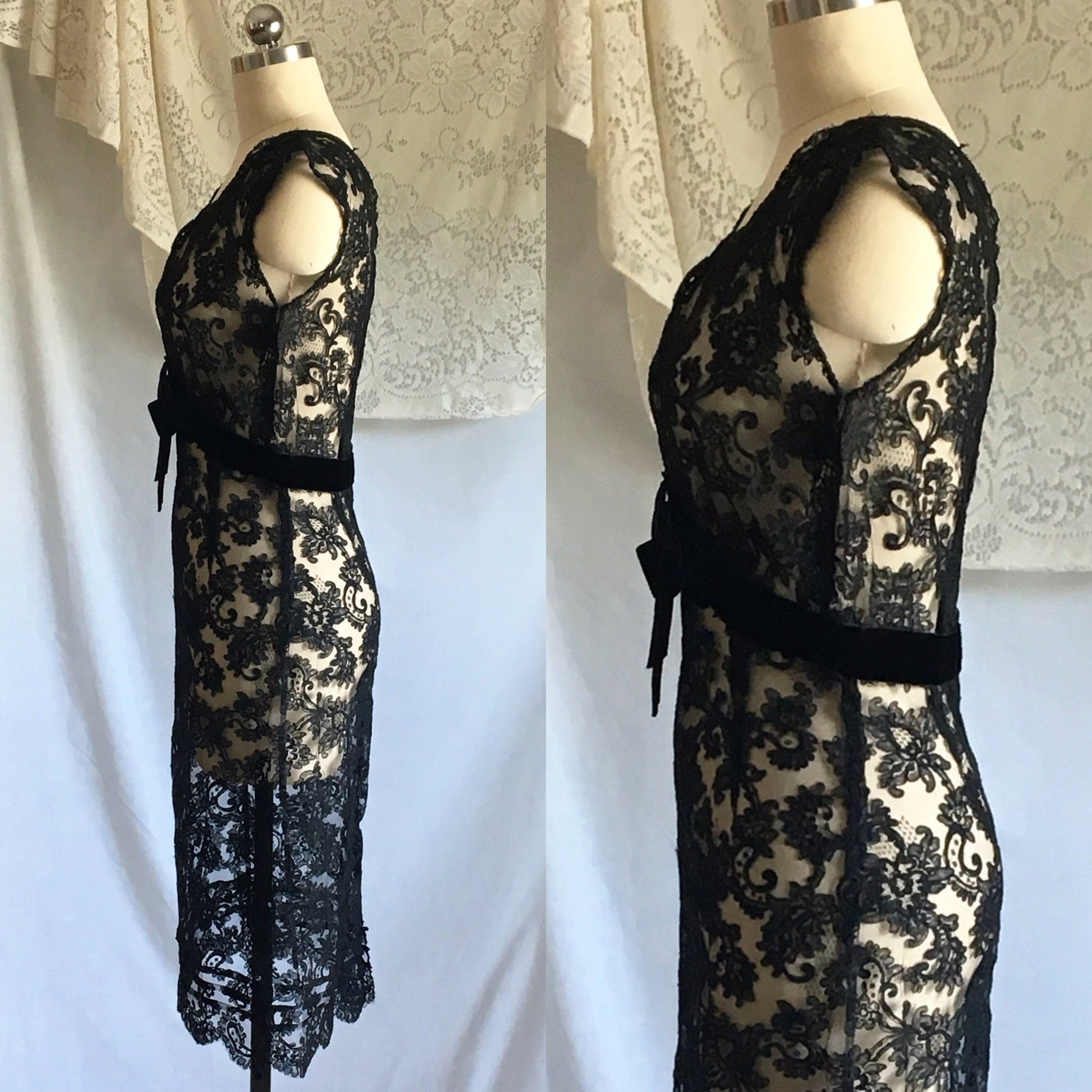 Vintage 1950's Dress | Sheer Black Alençon Lace with Velvet & Bias Cut | Size S - Daggers & Dames