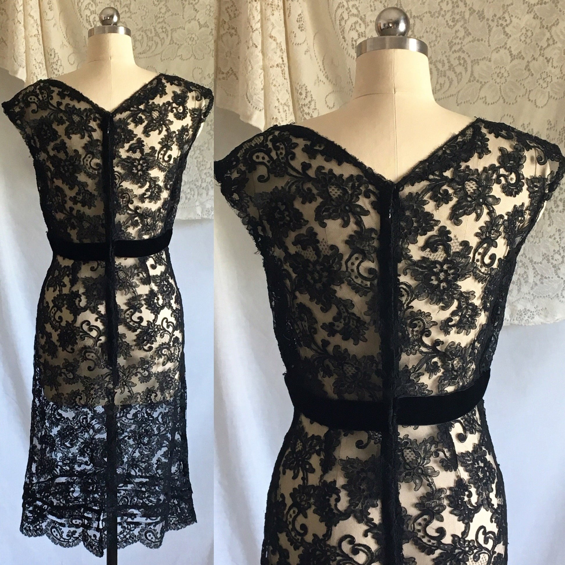 Vintage 1950's Dress | Sheer Black Alençon Lace with Velvet & Bias Cut | Size S - Daggers & Dames