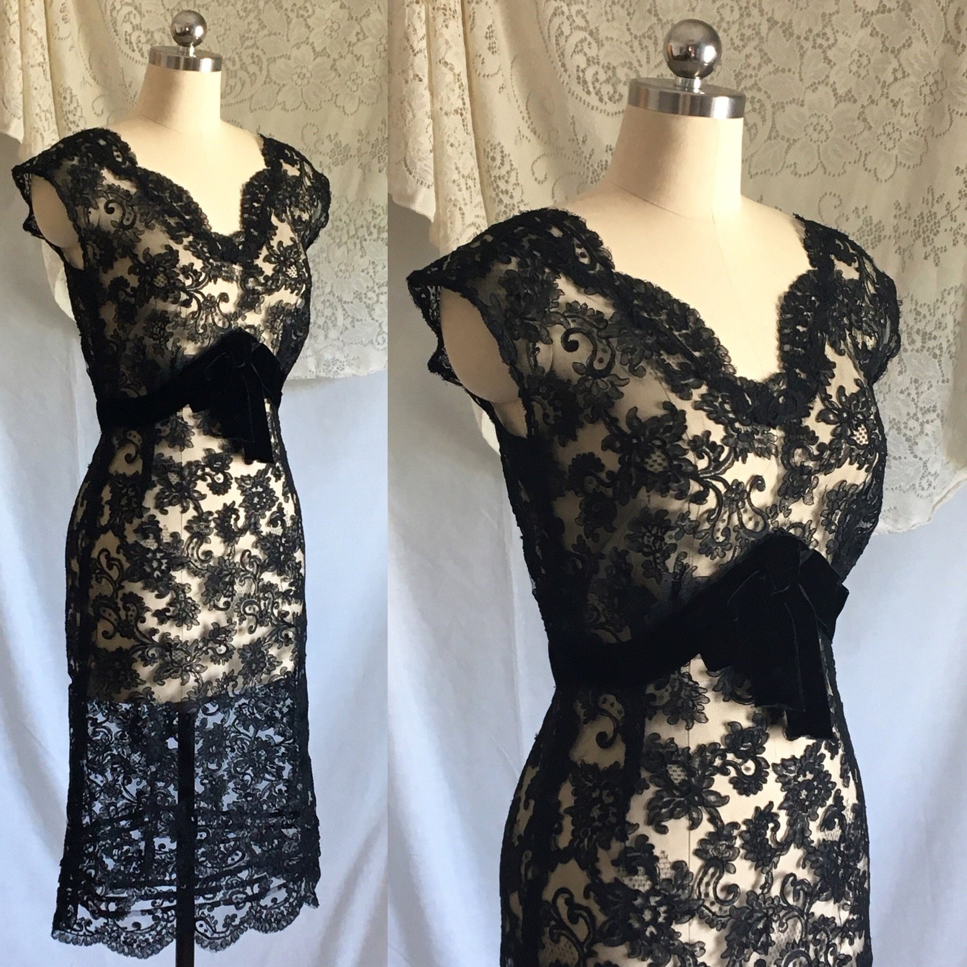 Vintage 1950's Dress | Sheer Black Alençon Lace with Velvet & Bias Cut | Size S - Daggers & Dames