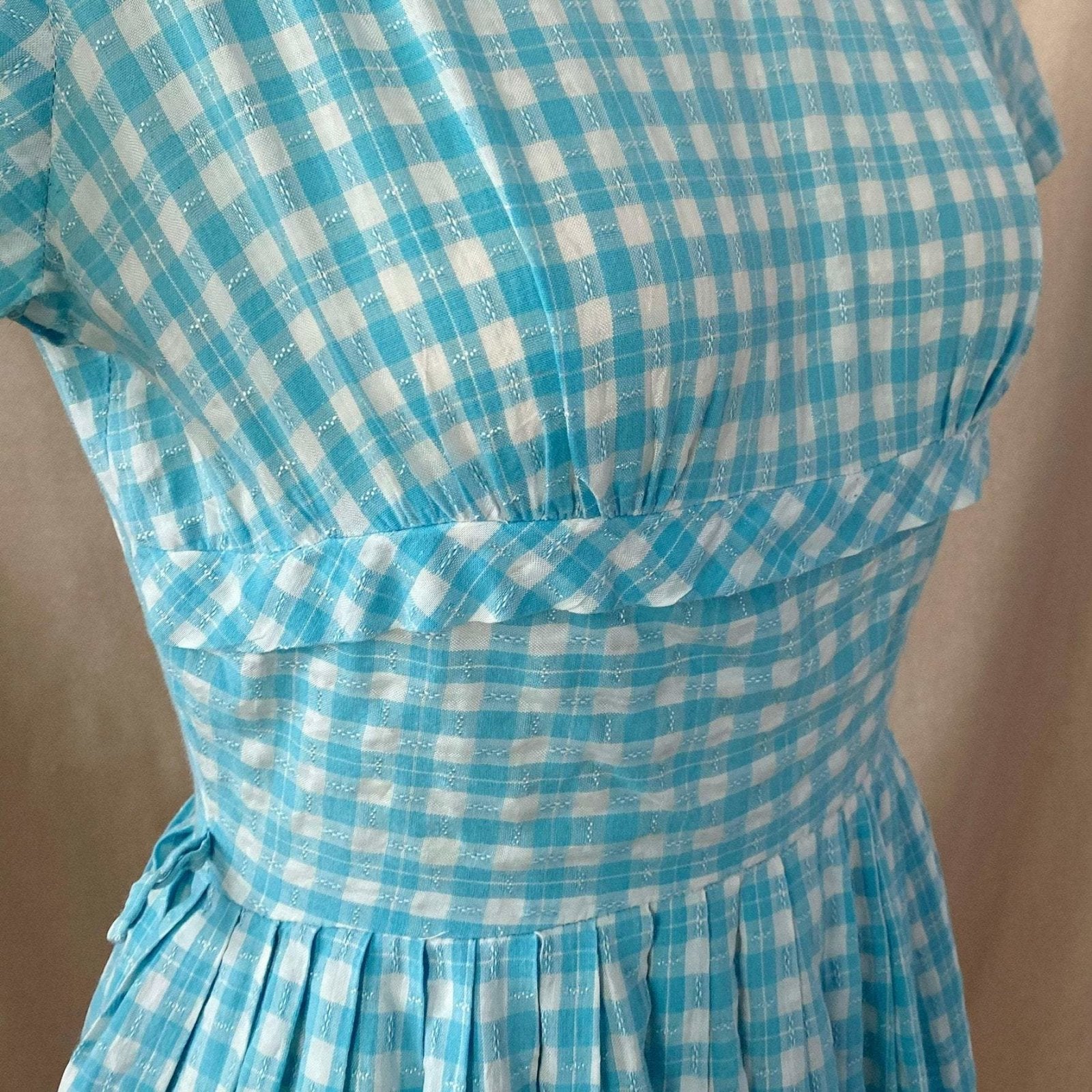 Vintage 1950's Dress | Sky Blue & White Gingham Print Cotton | Size XS -Never Worn - Daggers & Dames