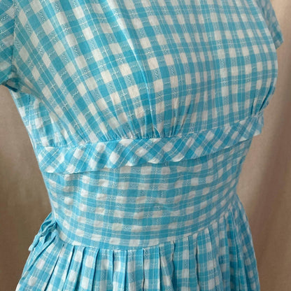 Vintage 1950's Dress | Sky Blue & White Gingham Print Cotton | Size XS -Never Worn - Daggers & Dames