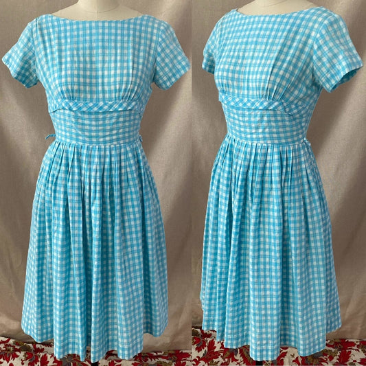 Vintage 1950's Dress | Sky Blue & White Gingham Print Cotton | Size XS -Never Worn - Daggers & Dames