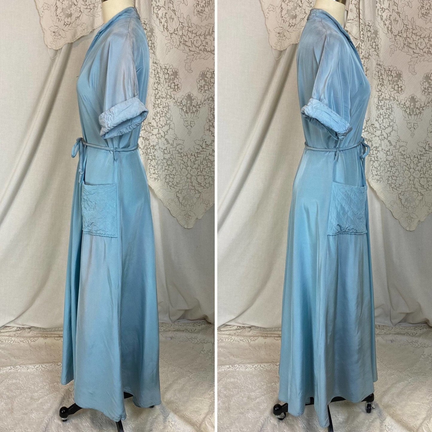 Vintage 1950's Dressing Gown | Bright Sky Blue Rayon with Faux Pearl Buttons | Size S, M | Maxan - Daggers & Dames