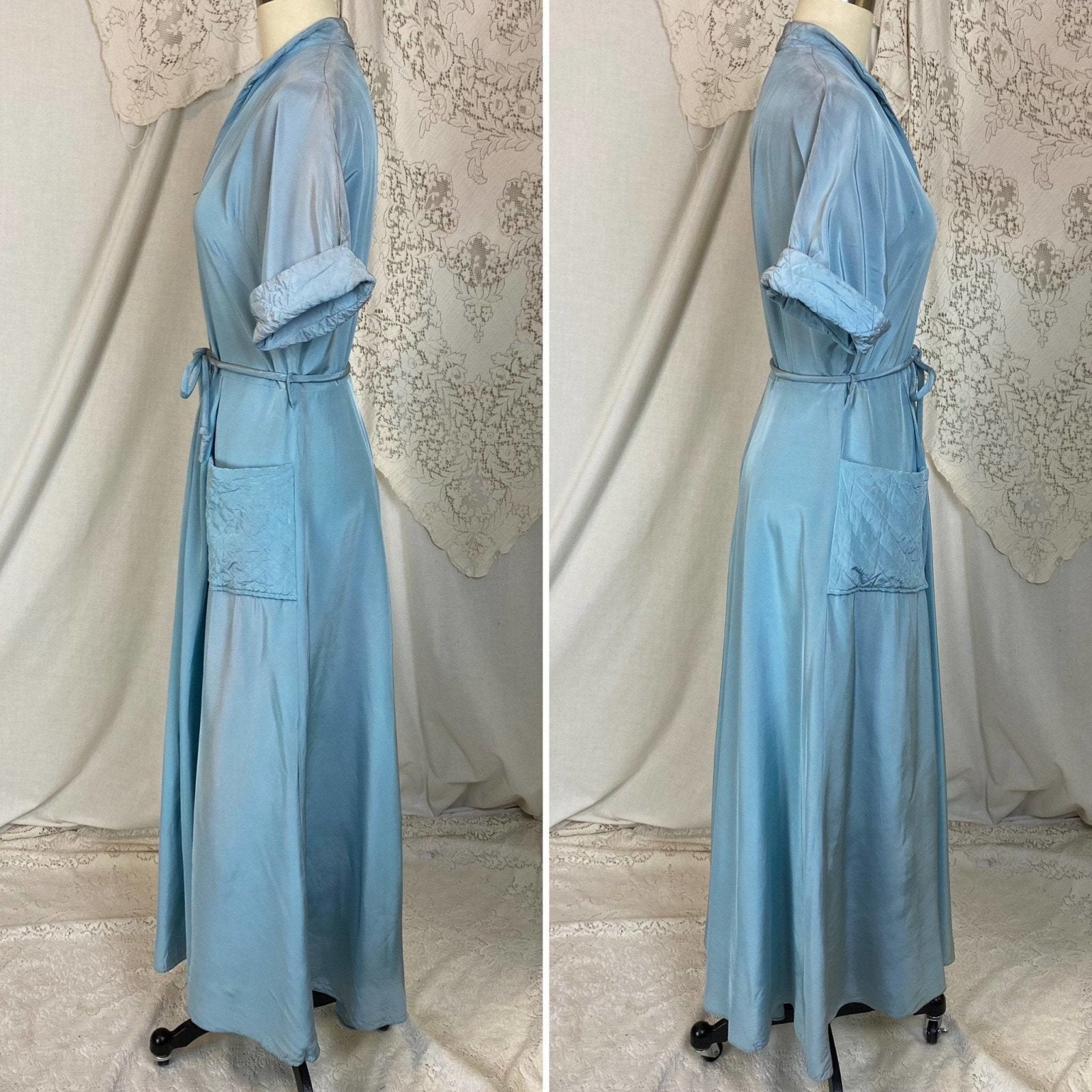 Vintage 1950's Dressing Gown | Bright Sky Blue Rayon with Faux Pearl Buttons | Size S, M | Maxan - Daggers & Dames