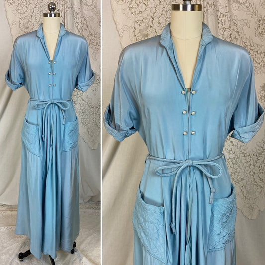 Vintage 1950's Dressing Gown | Bright Sky Blue Rayon with Faux Pearl Buttons | Size S, M | Maxan - Daggers & Dames