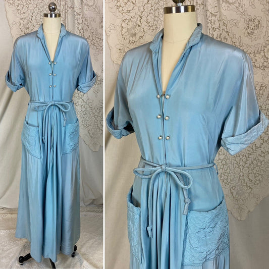 Vintage 1950's Dressing Gown | Bright Sky Blue Rayon with Faux Pearl Buttons | Size S, M | Maxan - Daggers & Dames