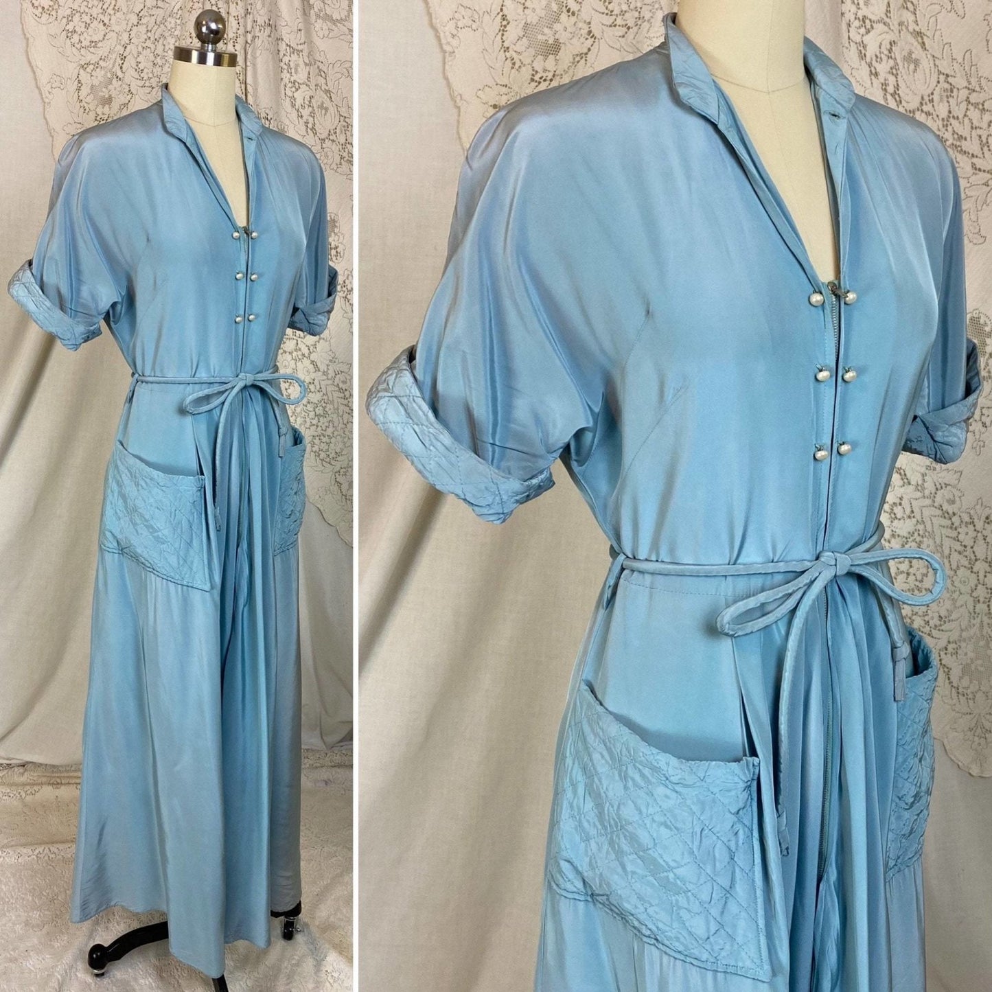 Vintage 1950's Dressing Gown | Bright Sky Blue Rayon with Faux Pearl Buttons | Size S, M | Maxan - Daggers & Dames
