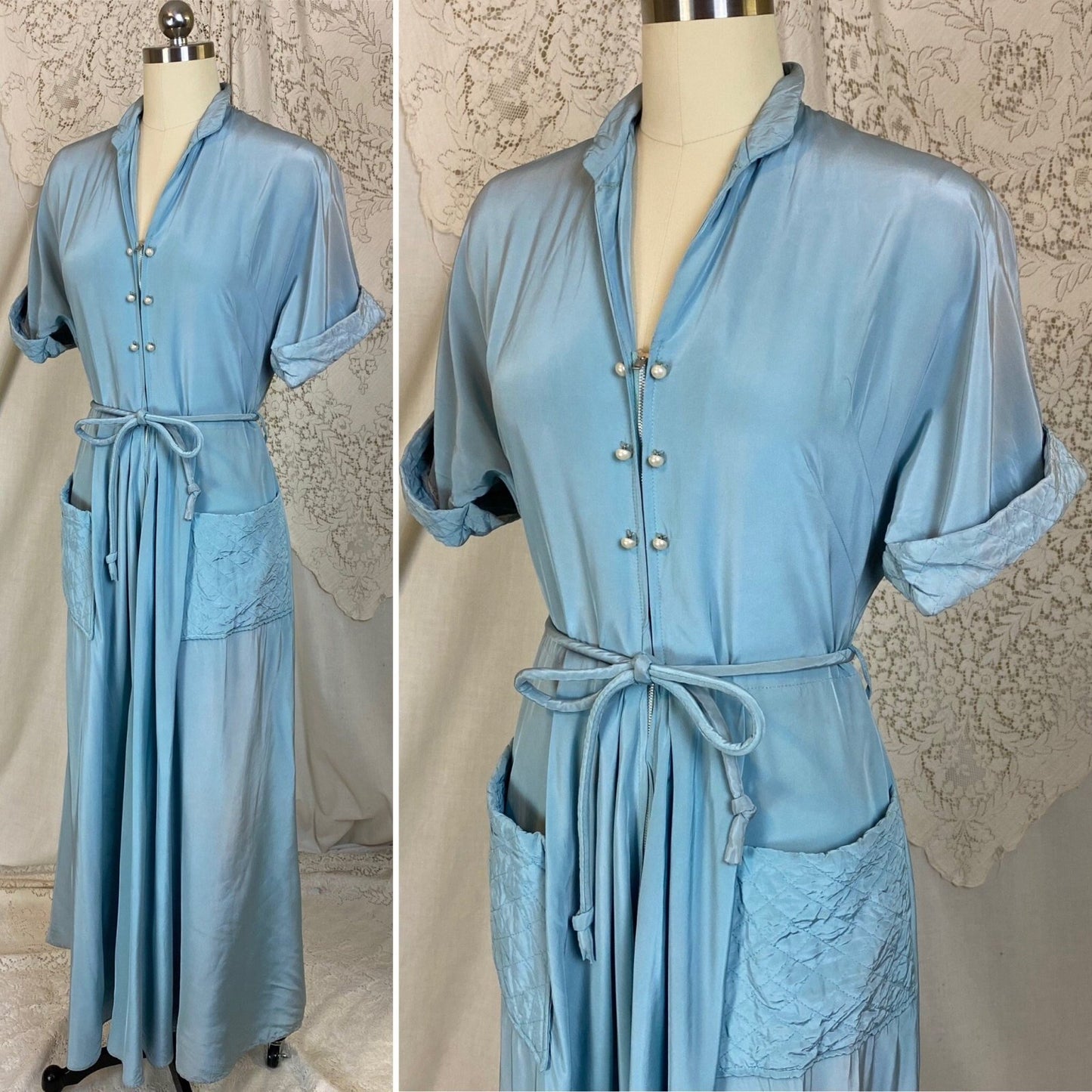 Vintage 1950's Dressing Gown | Bright Sky Blue Rayon with Faux Pearl Buttons | Size S, M | Maxan - Daggers & Dames