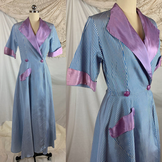 Vintage 1950's Dressing Gown Robe | Blue & White Nautical Stripes with Lilac Purple Accents | Peggy Prim | Size SM, MED - Daggers & Dames