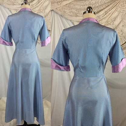 Vintage 1950's Dressing Gown Robe | Blue & White Nautical Stripes with Lilac Purple Accents | Peggy Prim | Size SM, MED - Daggers & Dames