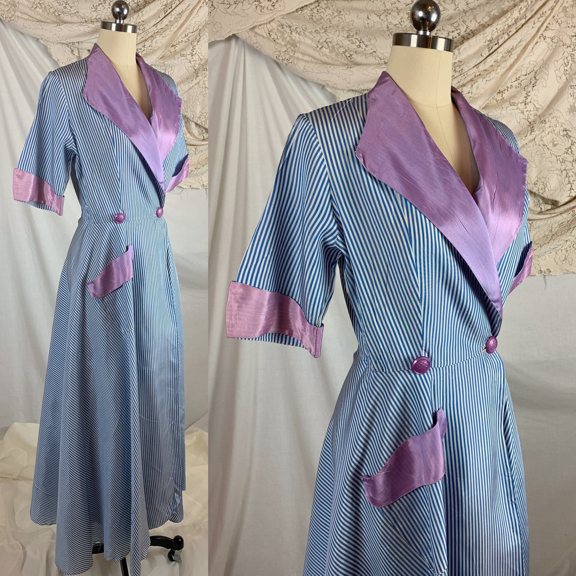Vintage 1950's Dressing Gown Robe | Blue & White Nautical Stripes with Lilac Purple Accents | Peggy Prim | Size SM, MED - Daggers & Dames