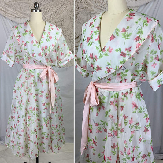 Vintage 1950's Dressing Gown Robe | Sheer White Nylon Chiffon with Pink & Green Floral Print | Campus Girl | Size LG, XL - Daggers & Dames