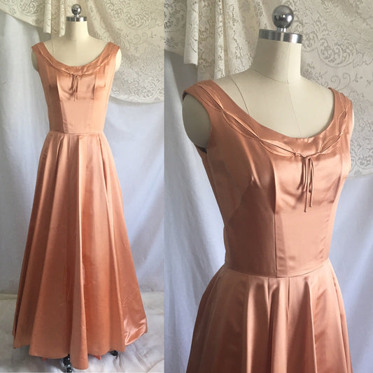 Vintage 1950's Formal Dress | Peach Silk & Deep Coral Taffeta with Embroidery | Satin Ball Gown | Size XS - S | As Is - Daggers & Dames