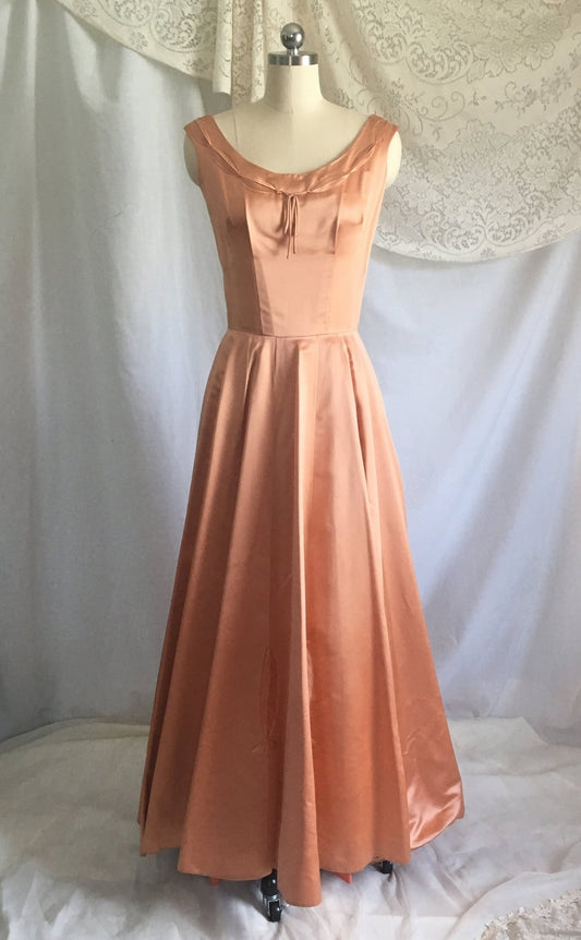 Vintage 1950's Formal Dress | Peach Silk & Deep Coral Taffeta with Embroidery | Satin Ball Gown | Size XS - S | As Is - Daggers & Dames