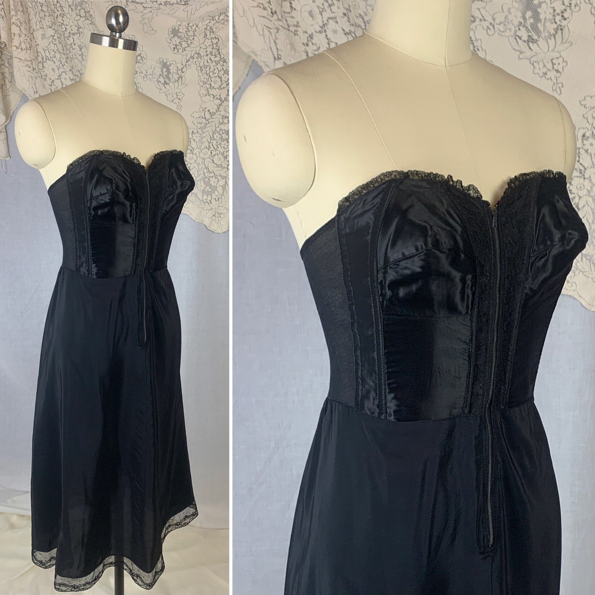 Vintage 1950's Foundation Slip | Black Satin Cathedral Bra with Lace & Rayon Blend Skirt | Size 34 B, C | Gilead - Daggers & Dames