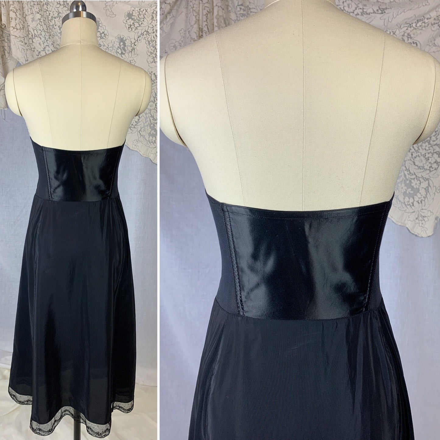 Vintage 1950's Foundation Slip | Black Satin Cathedral Bra with Lace & Rayon Blend Skirt | Size 34 B, C | Gilead - Daggers & Dames
