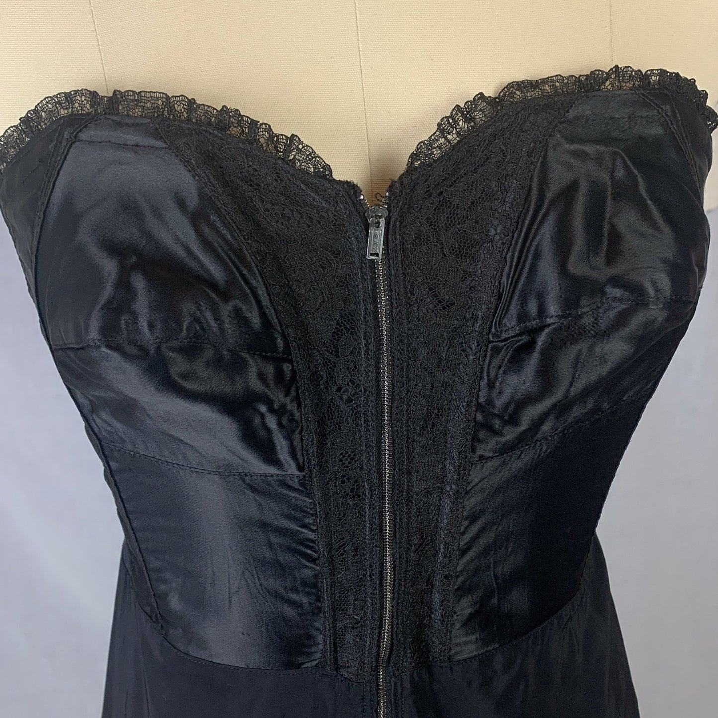 Vintage 1950's Foundation Slip | Black Satin Cathedral Bra with Lace & Rayon Blend Skirt | Size 34 B, C | Gilead - Daggers & Dames